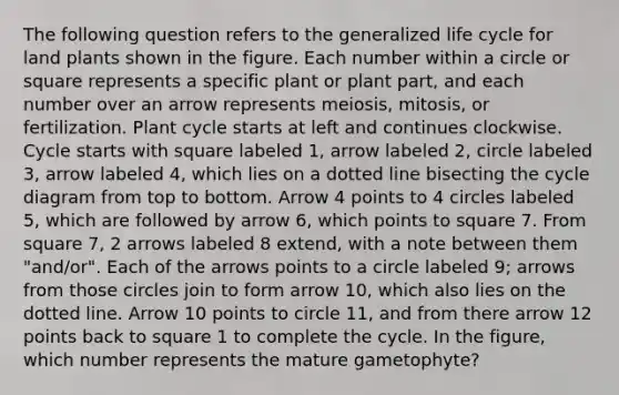 The following question refers to the generalized life cycle for land plants shown in the figure. Each number within a circle or square represents a specific plant or plant part, and each number over an arrow represents meiosis, mitosis, or fertilization. Plant cycle starts at left and continues clockwise. Cycle starts with square labeled 1, arrow labeled 2, circle labeled 3, arrow labeled 4, which lies on a dotted line bisecting the cycle diagram from top to bottom. Arrow 4 points to 4 circles labeled 5, which are followed by arrow 6, which points to square 7. From square 7, 2 arrows labeled 8 extend, with a note between them "and/or". Each of the arrows points to a circle labeled 9; arrows from those circles join to form arrow 10, which also lies on the dotted line. Arrow 10 points to circle 11, and from there arrow 12 points back to square 1 to complete the cycle. In the figure, which number represents the mature gametophyte?