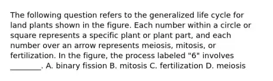 The following question refers to the generalized life cycle for land plants shown in the figure. Each number within a circle or square represents a specific plant or plant part, and each number over an arrow represents meiosis, mitosis, or fertilization. In the figure, the process labeled "6" involves ________. A. binary fission B. mitosis C. fertilization D. meiosis