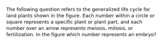 The following question refers to the generalized life cycle for land plants shown in the figure. Each number within a circle or square represents a specific plant or plant part, and each number over an arrow represents meiosis, mitosis, or fertilization. In the figure which number represents an embryo?