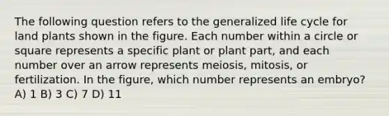 The following question refers to the generalized life cycle for land plants shown in the figure. Each number within a circle or square represents a specific plant or plant part, and each number over an arrow represents meiosis, mitosis, or fertilization. In the figure, which number represents an embryo? A) 1 B) 3 C) 7 D) 11