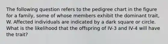 The following question refers to the pedigree chart in the figure for a family, some of whose members exhibit the dominant trait, W. Affected individuals are indicated by a dark square or circle. What is the likelihood that the offspring of IV-3 and IV-4 will have the trait?