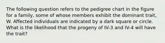 The following question refers to the pedigree chart in the figure for a family, some of whose members exhibit the dominant trait, W. Affected individuals are indicated by a dark square or circle. What is the likelihood that the progeny of IV-3 and IV-4 will have the trait?