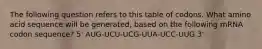 The following question refers to this table of codons. What amino acid sequence will be generated, based on the following mRNA codon sequence? 5' AUG-UCU-UCG-UUA-UCC-UUG 3'