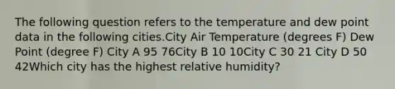 The following question refers to the temperature and dew point data in the following cities.City Air Temperature (degrees F) Dew Point (degree F) City A 95 76City B 10 10City C 30 21 City D 50 42Which city has the highest relative humidity?