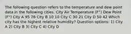 The following question refers to the temperature and dew point data in the following cities. City Air Temperature (F°) Dew Point (F°) City A 95 76 City B 10 10 City C 30 21 City D 50 42 Which city has the highest relative humidity? Question options: 1) City A 2) City B 3) City C 4) City D