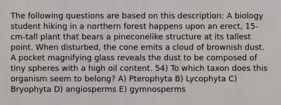 The following questions are based on this description: A biology student hiking in a northern forest happens upon an erect, 15-cm-tall plant that bears a pineconelike structure at its tallest point. When disturbed, the cone emits a cloud of brownish dust. A pocket magnifying glass reveals the dust to be composed of tiny spheres with a high oil content. 54) To which taxon does this organism seem to belong? A) Pterophyta B) Lycophyta C) Bryophyta D) angiosperms E) gymnosperms