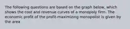 The following questions are based on the graph below, which shows the cost and revenue curves of a monopoly firm. The economic profit of the profit-maximizing monopolist is given by the area