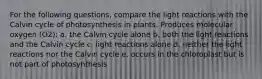 For the following questions, compare the light reactions with the Calvin cycle of photosynthesis in plants. Produces molecular oxygen (O2): a. the Calvin cycle alone b. both the light reactions and the Calvin cycle c. light reactions alone d. neither the light reactions nor the Calvin cycle e. occurs in the chloroplast but is not part of photosynthesis