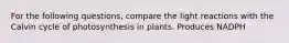 For the following questions, compare the light reactions with the Calvin cycle of photosynthesis in plants. Produces NADPH