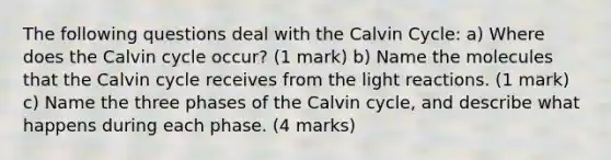 The following questions deal with the Calvin Cycle: a) Where does the Calvin cycle occur? (1 mark) b) Name the molecules that the Calvin cycle receives from the light reactions. (1 mark) c) Name the three phases of the Calvin cycle, and describe what happens during each phase. (4 marks)