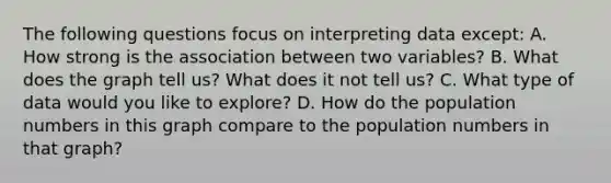 The following questions focus on interpreting data except​: A. How strong is the association between two​ variables? B. What does the graph tell​ us? What does it not tell​ us? C. What type of data would you like to​ explore? D. How do the population numbers in this graph compare to the population numbers in that​ graph?