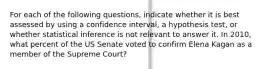 For each of the following questions, indicate whether it is best assessed by using a confidence interval, a hypothesis test, or whether statistical inference is not relevant to answer it. In 2010, what percent of the US Senate voted to confirm Elena Kagan as a member of the Supreme Court?