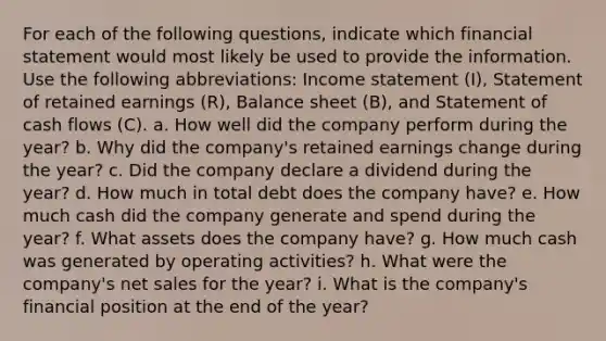 For each of the following​ questions, indicate which financial statement would most likely be used to provide the information. Use the following​ abbreviations: Income statement​ (I), Statement of retained earnings​ (R), Balance sheet​ (B), and Statement of cash flows​ (C). a. How well did the company perform during the year? b. Why did the company's retained earnings change during the year? c. Did the company declare a dividend during the year? d. How much in total debt does the company have? e. How much cash did the company generate and spend during the year? f. What assets does the company have? g. How much cash was generated by operating activities? h. What were the company's net sales for the year? i. What is the company's financial position at the end of the year?