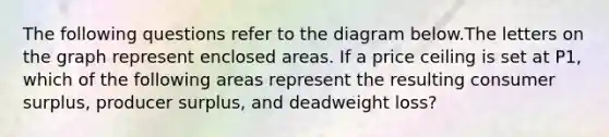 The following questions refer to the diagram below.The letters on the graph represent enclosed areas. If a price ceiling is set at P1, which of the following areas represent the resulting <a href='https://www.questionai.com/knowledge/k77rlOEdsf-consumer-surplus' class='anchor-knowledge'>consumer surplus</a>, producer surplus, and deadweight loss?
