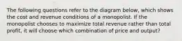 The following questions refer to the diagram below, which shows the cost and revenue conditions of a monopolist. If the monopolist chooses to maximize total revenue rather than total profit, it will choose which combination of price and output?