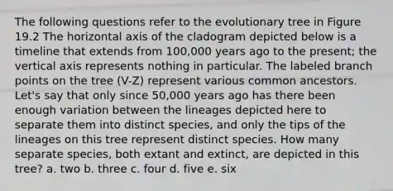 The following questions refer to the evolutionary tree in Figure 19.2 The horizontal axis of the cladogram depicted below is a timeline that extends from 100,000 years ago to the present; the vertical axis represents nothing in particular. The labeled branch points on the tree (V-Z) represent various common ancestors. Let's say that only since 50,000 years ago has there been enough variation between the lineages depicted here to separate them into distinct species, and only the tips of the lineages on this tree represent distinct species. How many separate species, both extant and extinct, are depicted in this tree? a. two b. three c. four d. five e. six