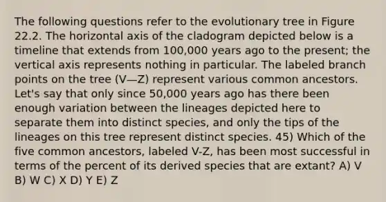 The following questions refer to the evolutionary tree in Figure 22.2. The horizontal axis of the cladogram depicted below is a timeline that extends from 100,000 years ago to the present; the vertical axis represents nothing in particular. The labeled branch points on the tree (V—Z) represent various common ancestors. Let's say that only since 50,000 years ago has there been enough variation between the lineages depicted here to separate them into distinct species, and only the tips of the lineages on this tree represent distinct species. 45) Which of the five common ancestors, labeled V-Z, has been most successful in terms of the percent of its derived species that are extant? A) V B) W C) X D) Y E) Z