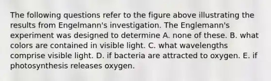 The following questions refer to the figure above illustrating the results from Engelmann's investigation. The Englemann's experiment was designed to determine A. none of these. B. what colors are contained in visible light. C. what wavelengths comprise visible light. D. if bacteria are attracted to oxygen. E. if photosynthesis releases oxygen.