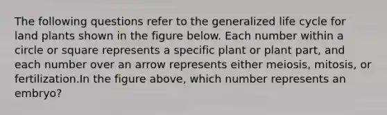 The following questions refer to the generalized life cycle for land plants shown in the figure below. Each number within a circle or square represents a specific plant or plant part, and each number over an arrow represents either meiosis, mitosis, or fertilization.In the figure above, which number represents an embryo?