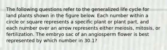 The following questions refer to the generalized life cycle for land plants shown in the figure below. Each number within a circle or square represents a specific plant or plant part, and each number over an arrow represents either meiosis, mitosis, or fertilization. The embryo sac of an angiosperm flower is best represented by which number in 30.1?