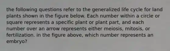 the following questions refer to the generalized life cycle for land plants shown in the figure below. Each number within a circle or square represents a specific plant or plant part, and each number over an arrow represents either meiosis, mitosis, or fertilization. in the figure above, which number represents an embryo?