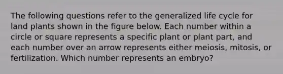 The following questions refer to the generalized life cycle for land plants shown in the figure below. Each number within a circle or square represents a specific plant or plant part, and each number over an arrow represents either meiosis, mitosis, or fertilization. Which number represents an embryo?