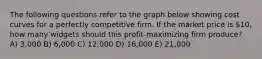 The following questions refer to the graph below showing cost curves for a perfectly competitive firm. If the market price is 10, how many widgets should this profit-maximizing firm produce? A) 3,000 B) 6,000 C) 12,000 D) 16,000 E) 21,000