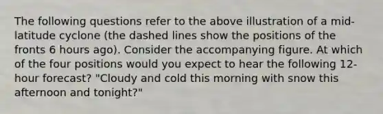 The following questions refer to the above illustration of a mid-latitude cyclone (the dashed lines show the positions of the fronts 6 hours ago). Consider the accompanying figure. At which of the four positions would you expect to hear the following 12-hour forecast? "Cloudy and cold this morning with snow this afternoon and tonight?"