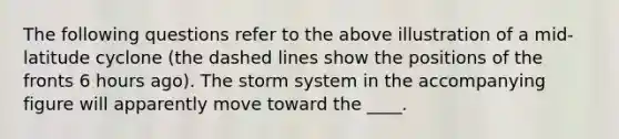 The following questions refer to the above illustration of a mid-latitude cyclone (the dashed lines show the positions of the fronts 6 hours ago). The storm system in the accompanying figure will apparently move toward the ____.