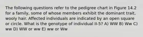 The following questions refer to the pedigree chart in Figure 14.2 for a family, some of whose members exhibit the dominant trait, wooly hair. Affected individuals are indicated by an open square or circle. What is the genotype of individual II-5? A) WW B) Ww C) ww D) WW or ww E) ww or Ww