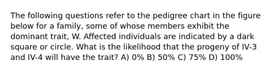 The following questions refer to the pedigree chart in the figure below for a family, some of whose members exhibit the dominant trait, W. Affected individuals are indicated by a dark square or circle. What is the likelihood that the progeny of IV-3 and IV-4 will have the trait? A) 0% B) 50% C) 75% D) 100%