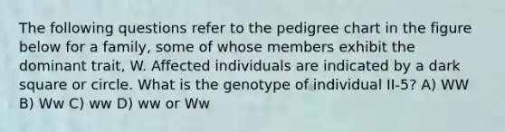 The following questions refer to the pedigree chart in the figure below for a family, some of whose members exhibit the dominant trait, W. Affected individuals are indicated by a dark square or circle. What is the genotype of individual II-5? A) WW B) Ww C) ww D) ww or Ww