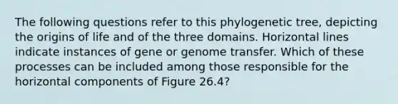 The following questions refer to this phylogenetic tree, depicting the origins of life and of the three domains. Horizontal lines indicate instances of gene or genome transfer. Which of these processes can be included among those responsible for the horizontal components of Figure 26.4?