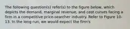 The following question(s) refer(s) to the figure below, which depicts the demand, marginal revenue, and cost curves facing a firm in a competitive price-searcher industry. Refer to Figure 10-13. In the long run, we would expect the firm's