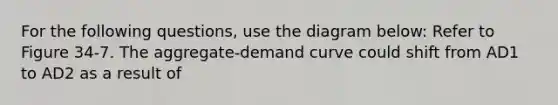 For the following questions, use the diagram below: Refer to Figure 34-7. The aggregate-demand curve could shift from AD1 to AD2 as a result of