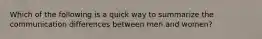 Which of the following is a quick way to summarize the communication differences between men and women?