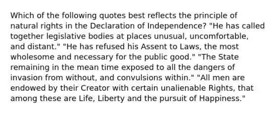 Which of the following quotes best reflects the principle of natural rights in the Declaration of Independence? "He has called together legislative bodies at places unusual, uncomfortable, and distant." "He has refused his Assent to Laws, the most wholesome and necessary for the public good." "The State remaining in the mean time exposed to all the dangers of invasion from without, and convulsions within." "All men are endowed by their Creator with certain unalienable Rights, that among these are Life, Liberty and the pursuit of Happiness."