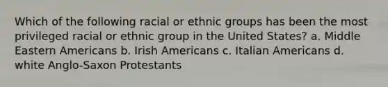 Which of the following racial or ethnic groups has been the most privileged racial or ethnic group in the United States? a. Middle Eastern Americans b. Irish Americans c. Italian Americans d. white Anglo-Saxon Protestants