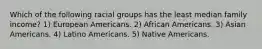 Which of the following racial groups has the least median family income? 1) European Americans. 2) African Americans. 3) Asian Americans. 4) Latino Americans. 5) Native Americans.