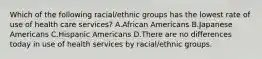 Which of the following racial/ethnic groups has the lowest rate of use of health care services? A.African Americans B.Japanese Americans C.Hispanic Americans D.There are no differences today in use of health services by racial/ethnic groups.