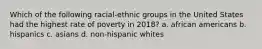 Which of the following racial-ethnic groups in the United States had the highest rate of poverty in 2018? a. african americans b. hispanics c. asians d. non-hispanic whites