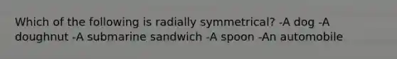 Which of the following is radially symmetrical? -A dog -A doughnut -A submarine sandwich -A spoon -An automobile