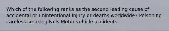 Which of the following ranks as the second leading cause of accidental or unintentional injury or deaths worldwide? Poisoning careless smoking Falls Motor vehicle accidents