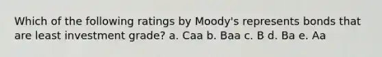 Which of the following ratings by Moody's represents bonds that are least investment grade? a. Caa b. Baa c. B d. Ba e. Aa