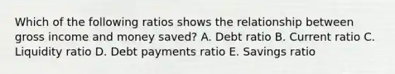 Which of the following ratios shows the relationship between gross income and money saved? A. Debt ratio B. Current ratio C. Liquidity ratio D. Debt payments ratio E. Savings ratio