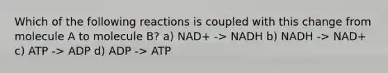 Which of the following reactions is coupled with this change from molecule A to molecule B? a) NAD+ -> NADH b) NADH -> NAD+ c) ATP -> ADP d) ADP -> ATP