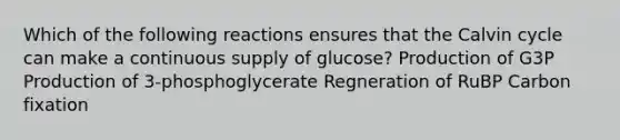 Which of the following reactions ensures that the Calvin cycle can make a continuous supply of glucose? Production of G3P Production of 3-phosphoglycerate Regneration of RuBP Carbon fixation