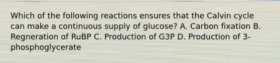 Which of the following reactions ensures that the Calvin cycle can make a continuous supply of glucose? A. Carbon fixation B. Regneration of RuBP C. Production of G3P D. Production of 3-phosphoglycerate