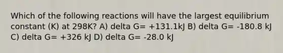 Which of the following reactions will have the largest equilibrium constant (K) at 298K? A) delta G= +131.1kJ B) delta G= -180.8 kJ C) delta G= +326 kJ D) delta G= -28.0 kJ