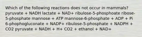 Which of the following reactions does not occur in mammals? pyruvate + NADH lactate + NAD+ ribulose-5-phosphoate ribose-5-phosphate mannose + ATP mannose-6-phosphate + ADP + Pi 6-phophogluconate + NADP+ ribulose-5-phosphate + NADPH + CO2 pyruvate + NADH + H+ CO2 + ethanol + NAD+